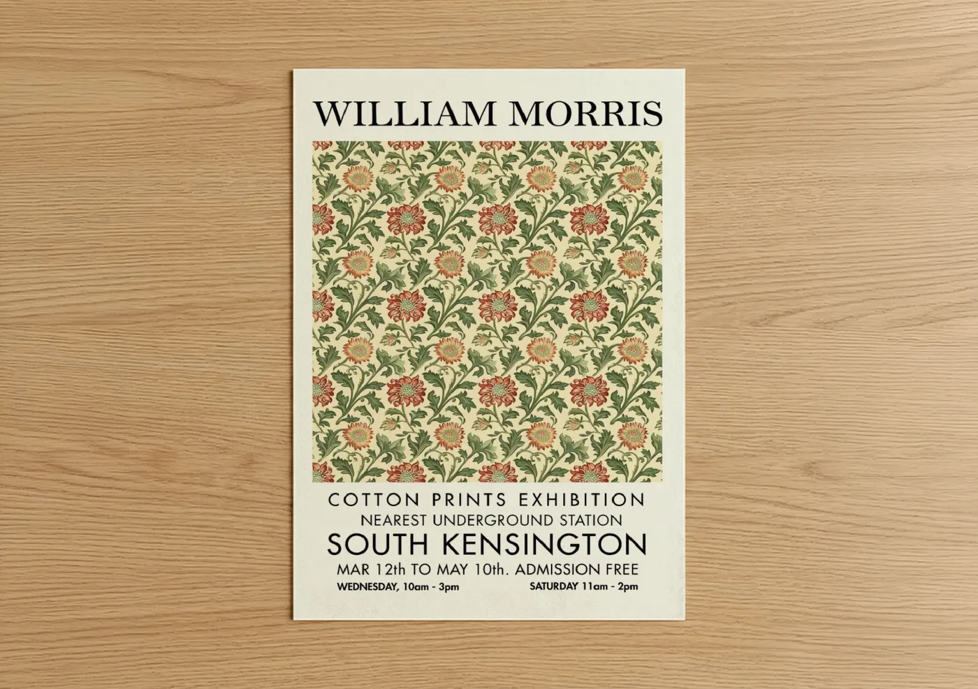 Abstract flower art print on warm oak wood — cream palette — Morris Chrysanthemum poster