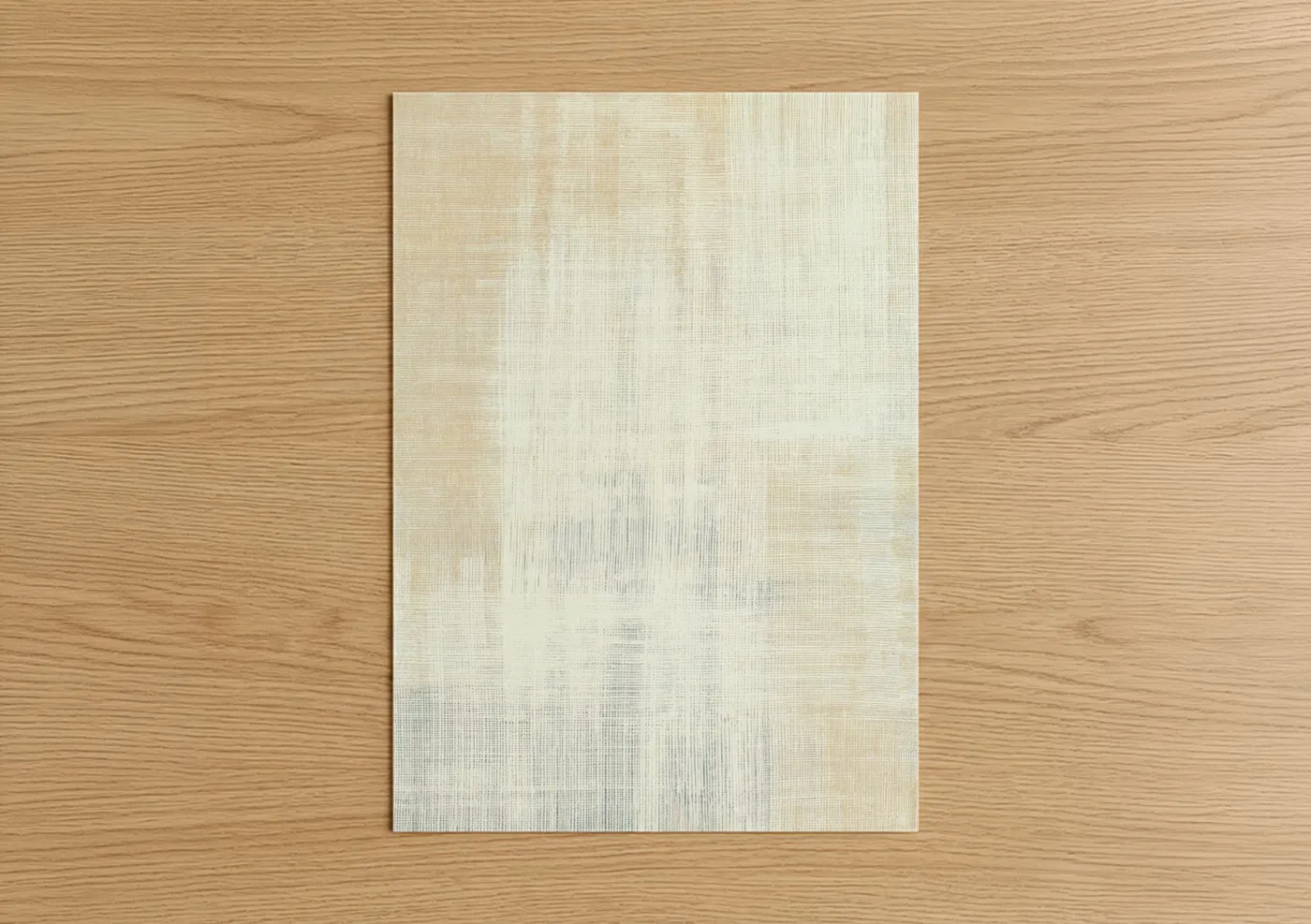 Abstract minimalist art print on warm oak wood — cream and beige palette — Woven Serenity poster