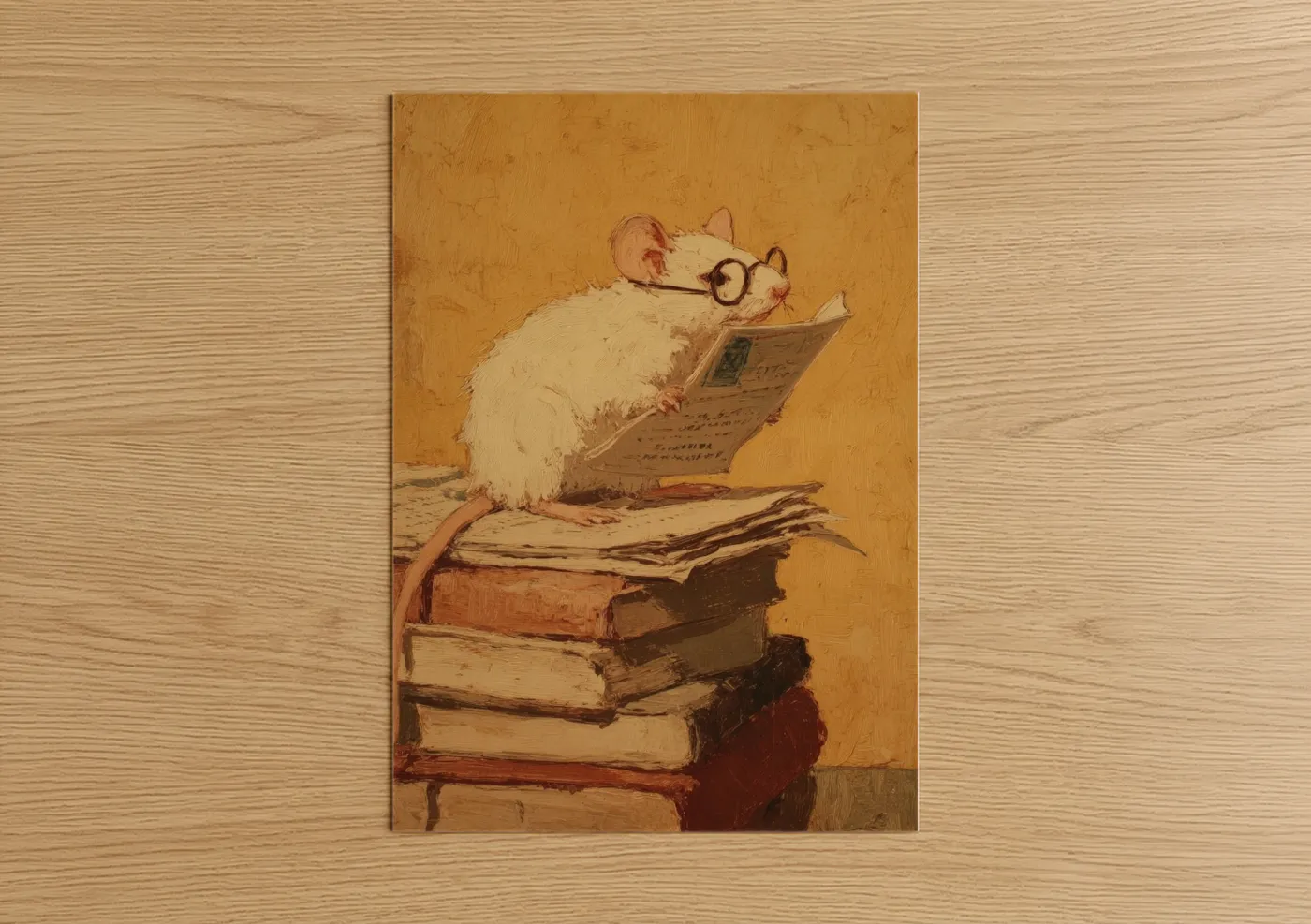 Mice art print on warm oak wood — gold and cream palette — Scholarly Mouse poster