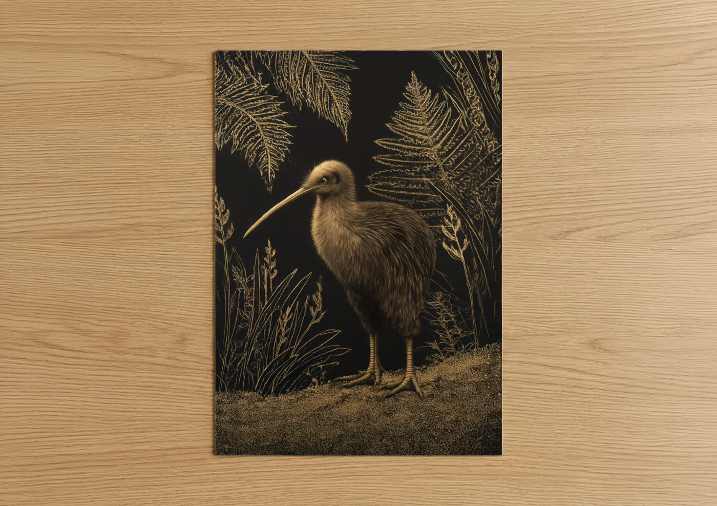 Art print on warm oak wood — gold and black palette — Golden Kiwi poster