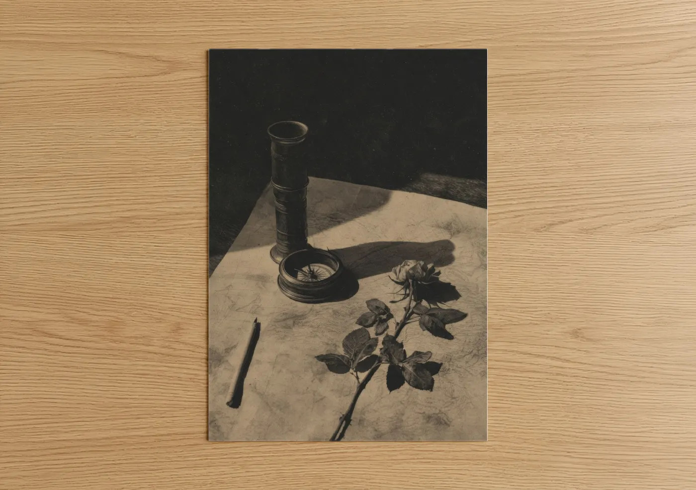 Spyglass art print on warm oak wood — black and white and beige palette — Vintage Navigation Study poster