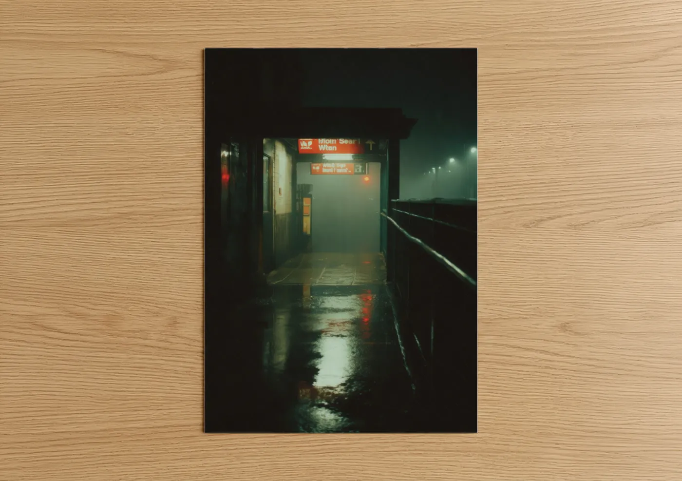 Art print on warm oak wood — black and gold and dark blue palette — Rainy Subway Station poster