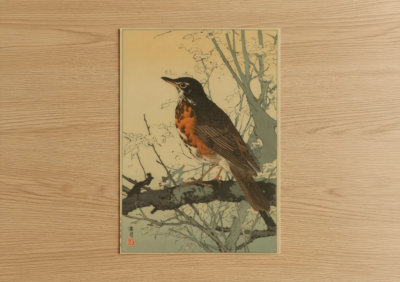 Autumn Thrush Japanese Woodblock Wall Art