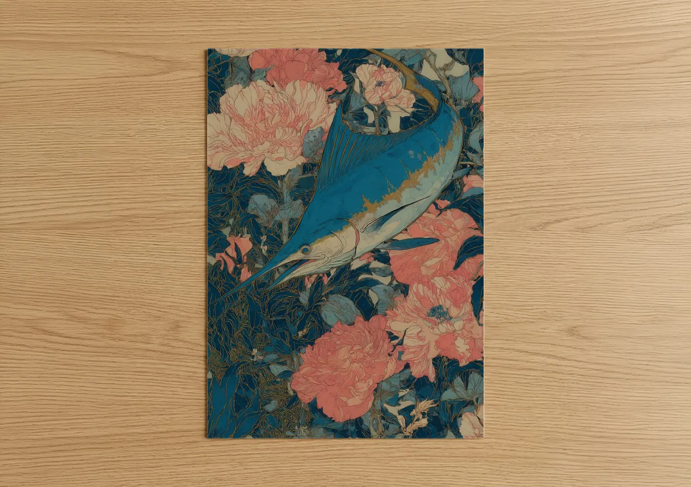 Blue Marlin Floral Art Salmon Pink Wall Art