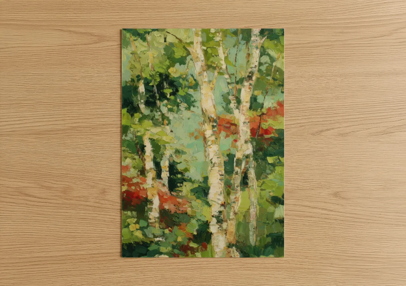 Art print on warm oak wood — green and gold and pink palette — Autumn Birch Forest poster
