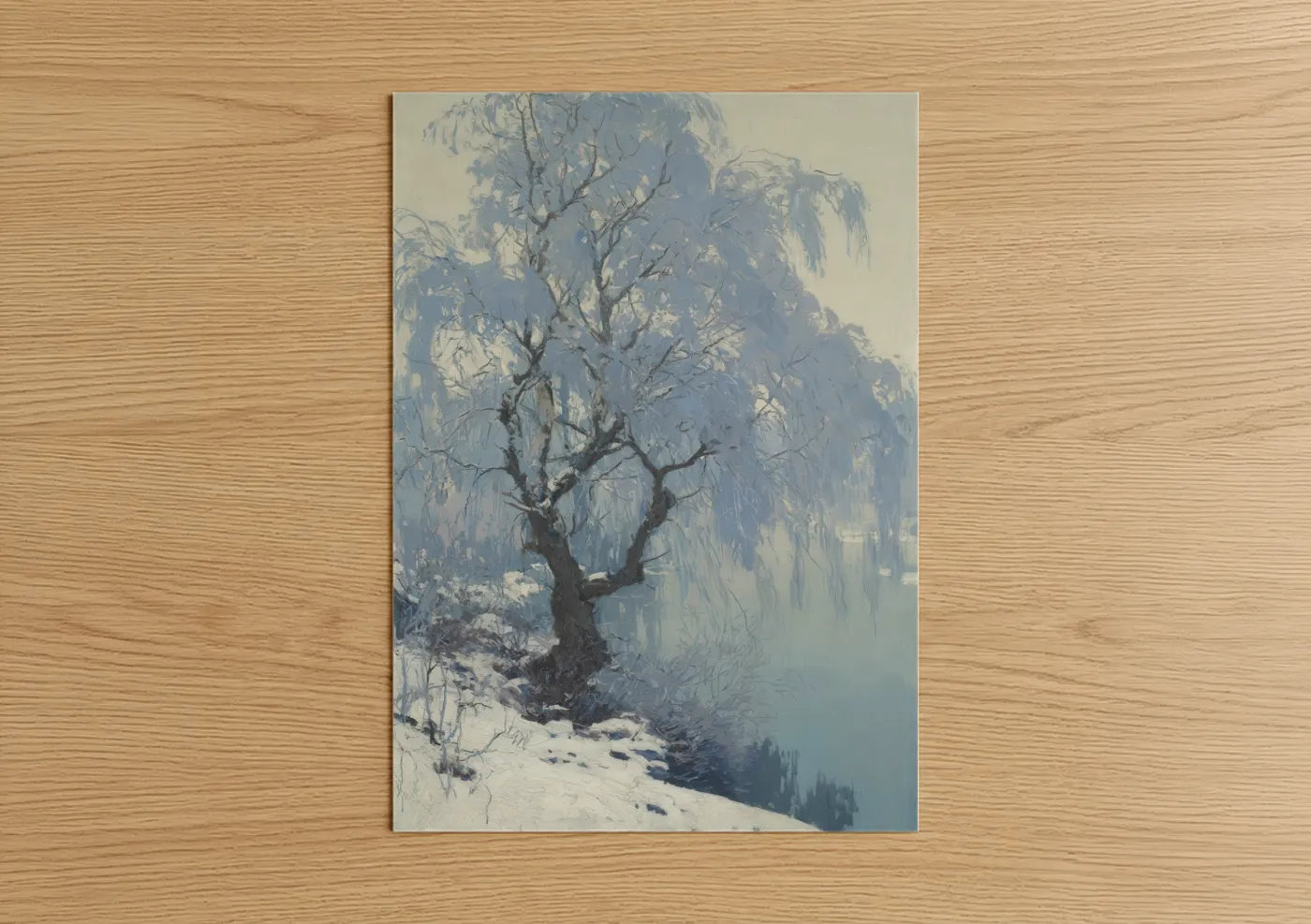 Willow tree art print on warm oak wood — blue and white palette — Frozen Willow poster