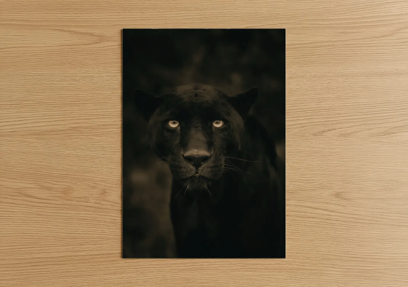 Jaguar art print on warm oak wood — black and gold palette — Golden-Eyed Panther poster