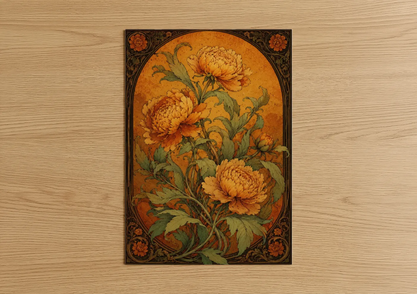 Art print on warm oak wood — gold and orange palette — Golden Chrysanthemum Botanical Wall Art poster