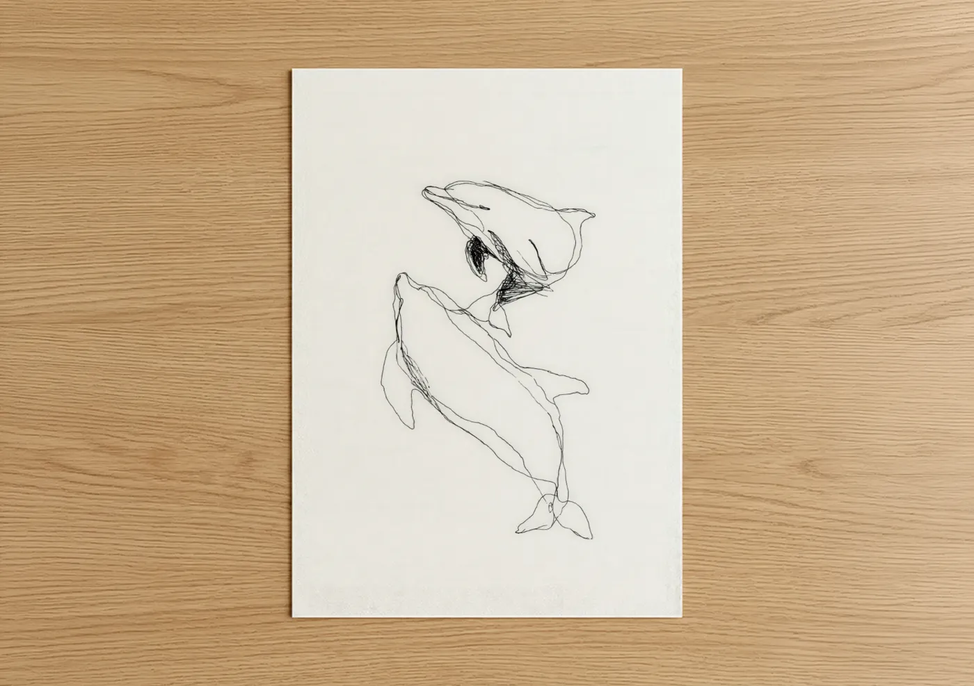 Art print on warm oak wood — black and white palette — Graceful Dolphins poster