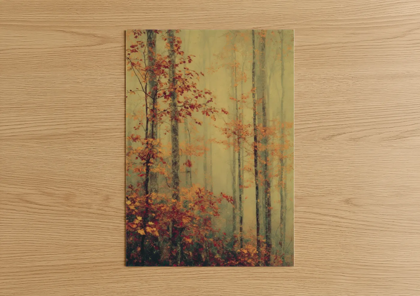 Misty Autumn Forest with Red Foliage Wall Art