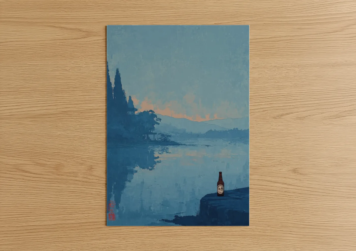 Art print on warm oak wood — blue and peach palette — Lakeside Beer Moment poster