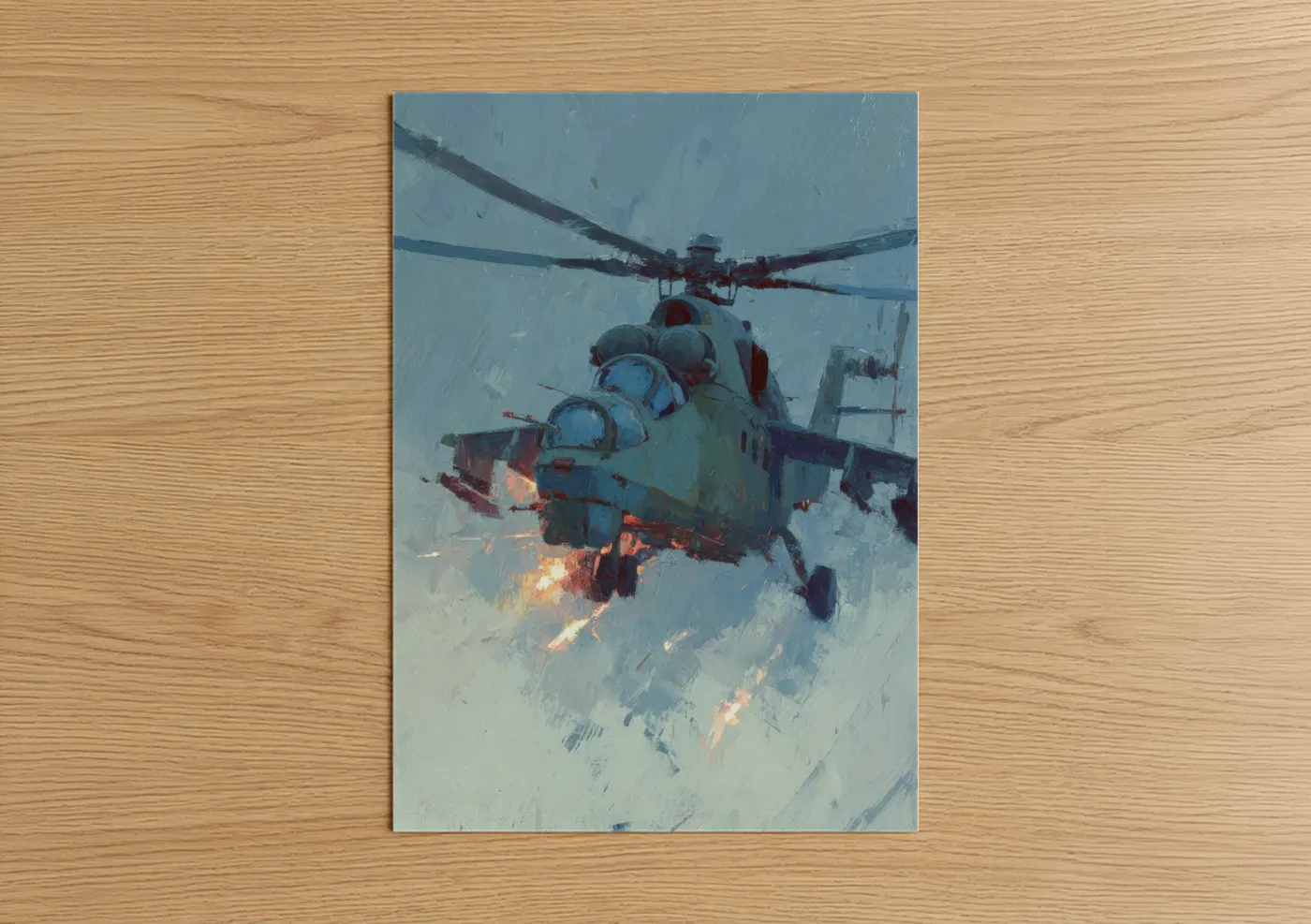 Art print on warm oak wood — blue and white and orange palette — Combat Helicopter poster