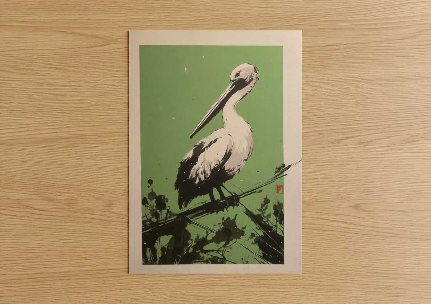 Green Pelican Wildlife Art Print Wall Art