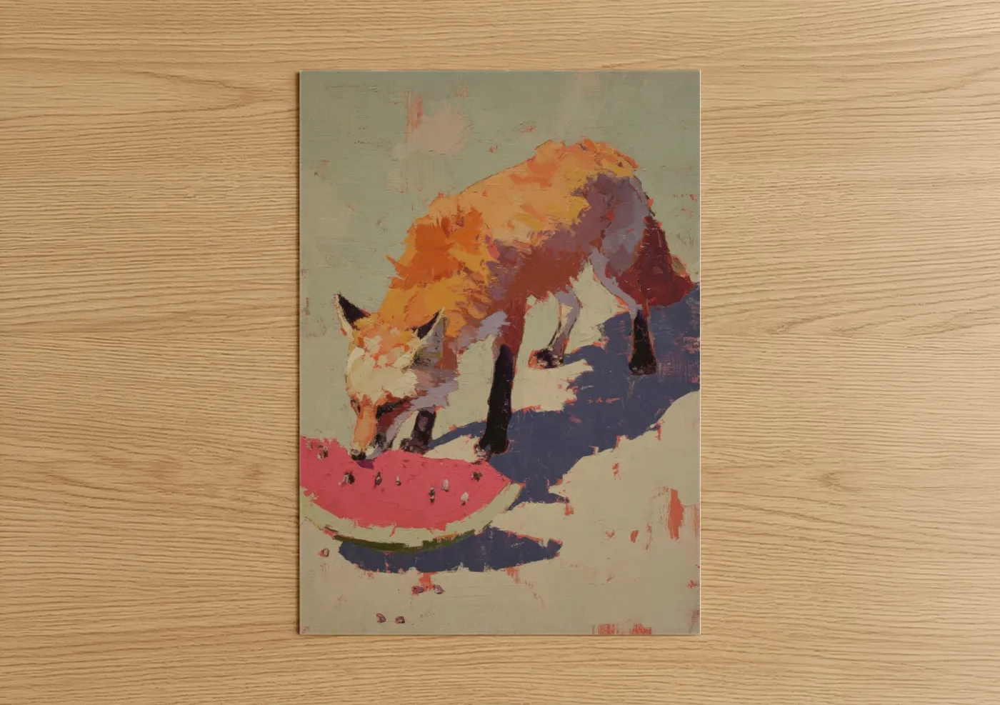 Art print on warm oak wood — orange and purple palette — Watermelon Fox poster