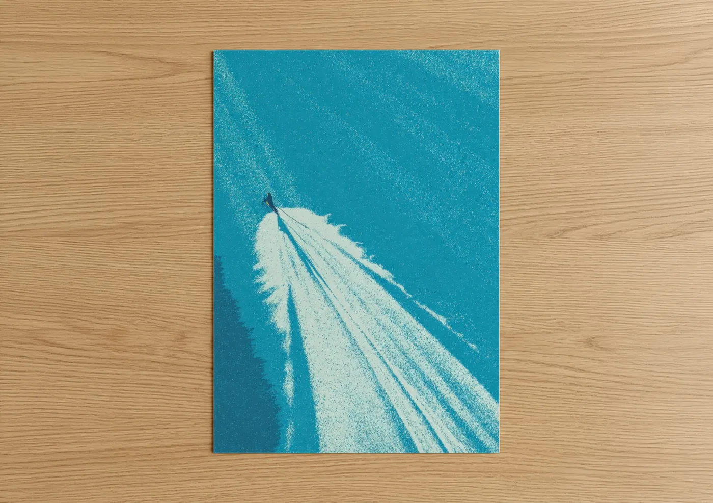 Art print on warm oak wood — turquoise and white palette — Aerial Water Skiing poster