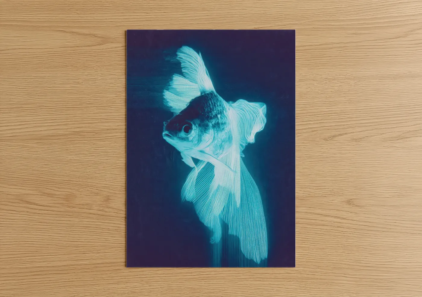 Art print on warm oak wood — blue and teal palette — Neon Goldfish poster
