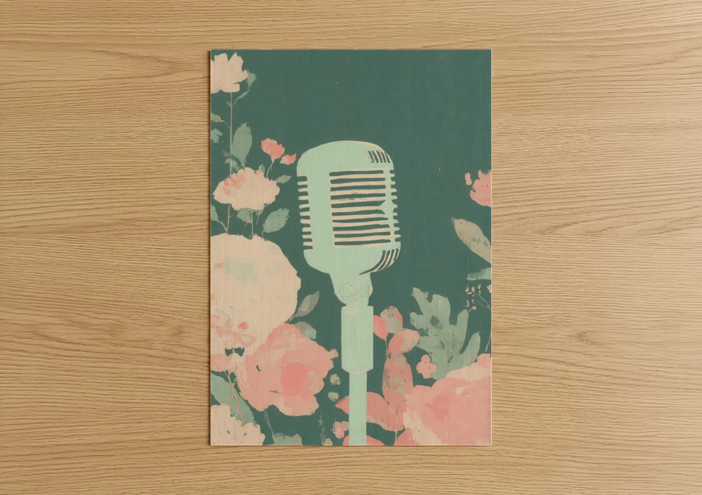 Art print on warm oak wood — teal and salmon pink palette — Vintage Microphone poster