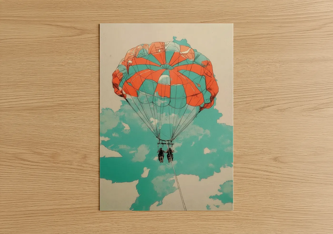 Art print on warm oak wood — orange and teal palette — Vintage Parasailing poster