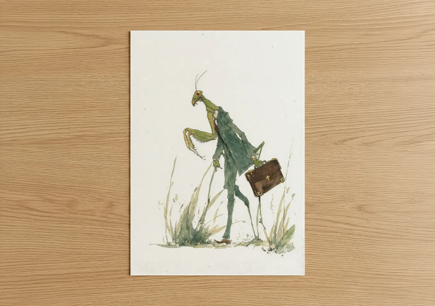 Prayin mantis art print on warm oak wood — green and brown palette — Briefcase Mantis poster