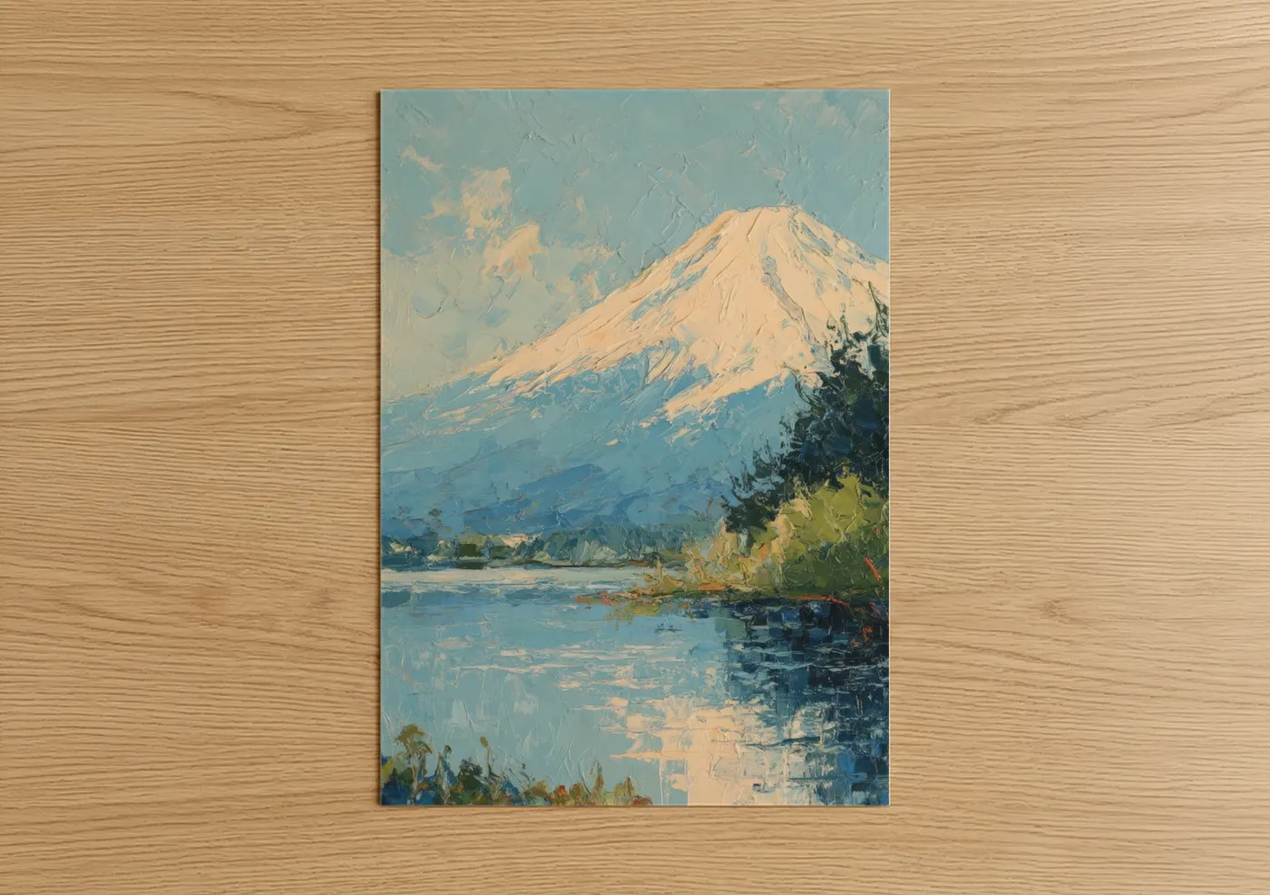 Mount fuji art print on warm oak wood — blue and gold palette — Alpine Fuji Reflection poster