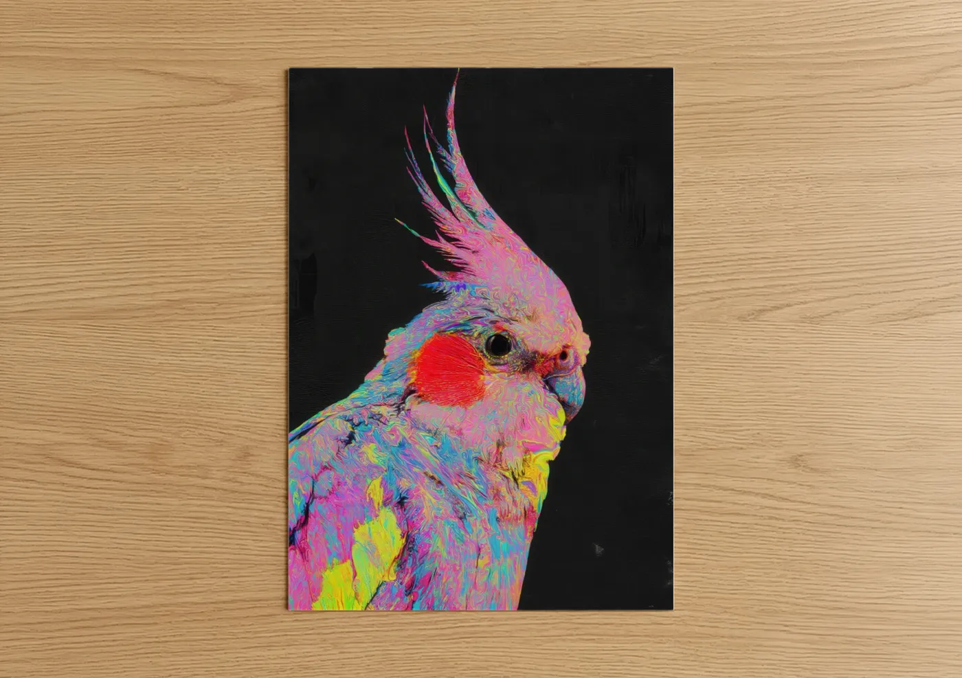 Art print on warm oak wood — magenta and black palette — Neon Cockatiel poster