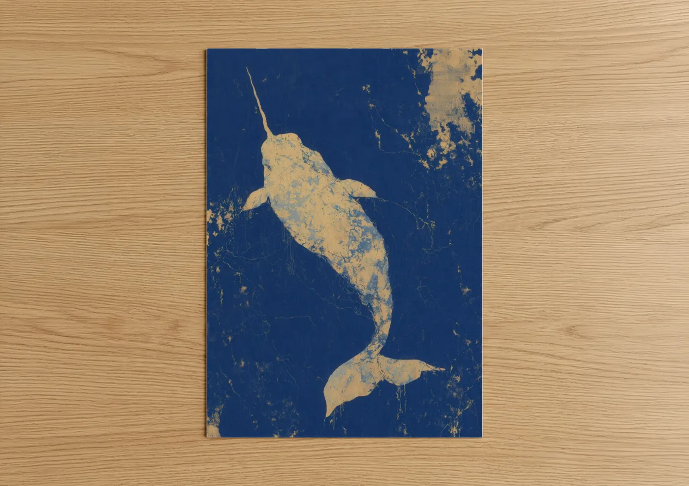 Art print on warm oak wood — royal blue and gold palette — Golden Narwhal poster