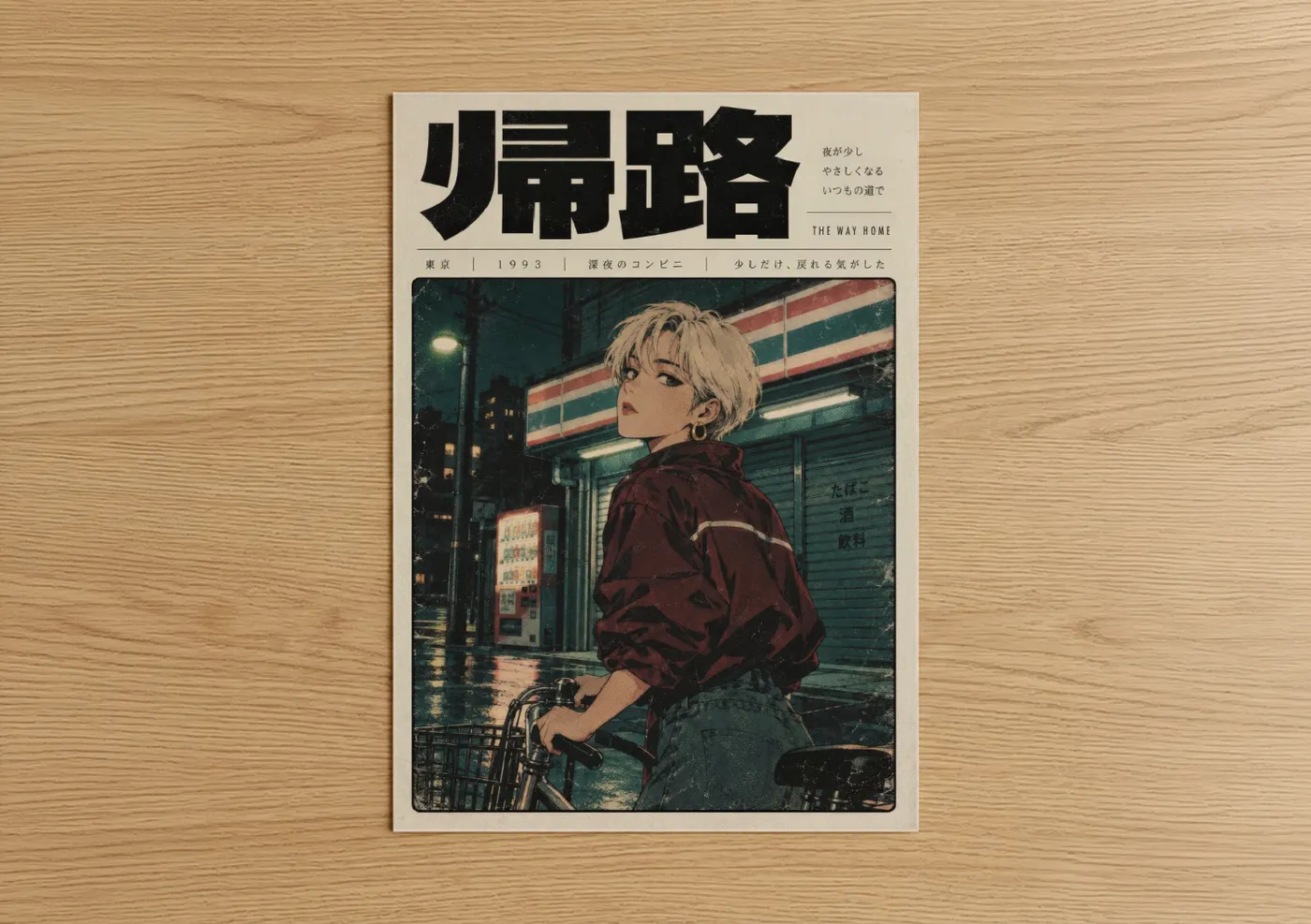 Urban bicycle art print on warm oak wood — teal and maroon palette — Tokyo Night Bicycle Ride Wall Art poster