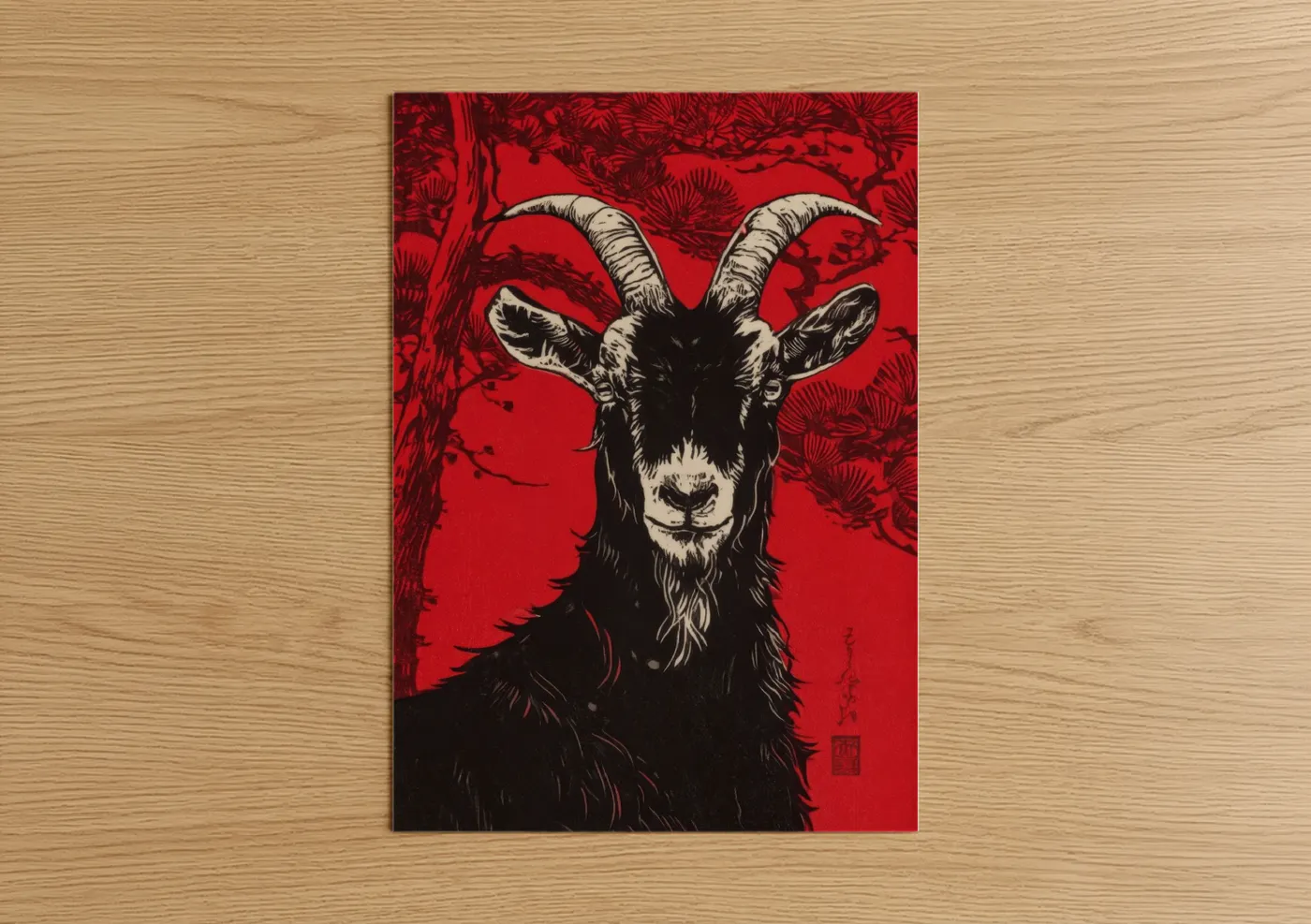 Art print on warm oak wood — red and black and white palette — Crimson Goat Portrait poster