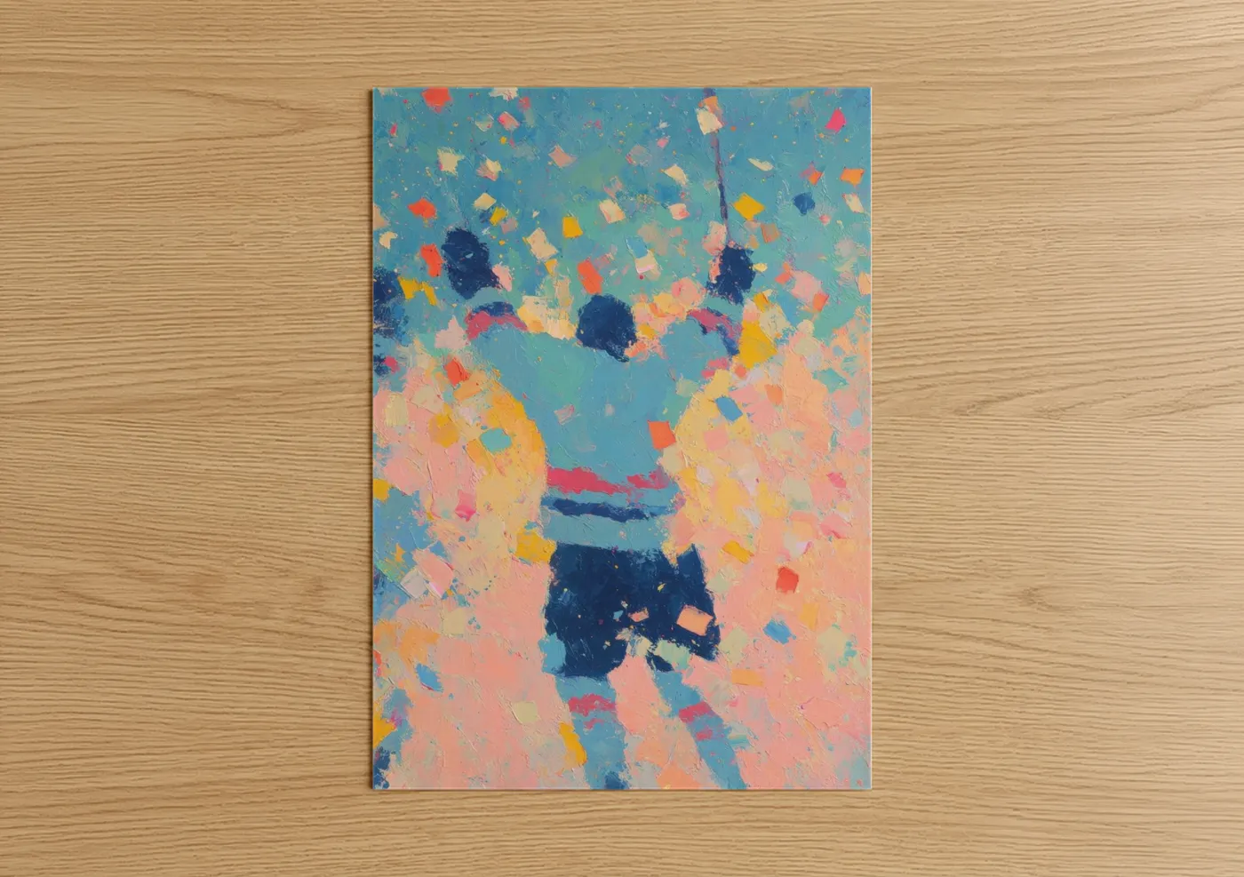 Ice hockey art print on warm oak wood — teal and salmon pink palette — Colorful Hockey Player poster