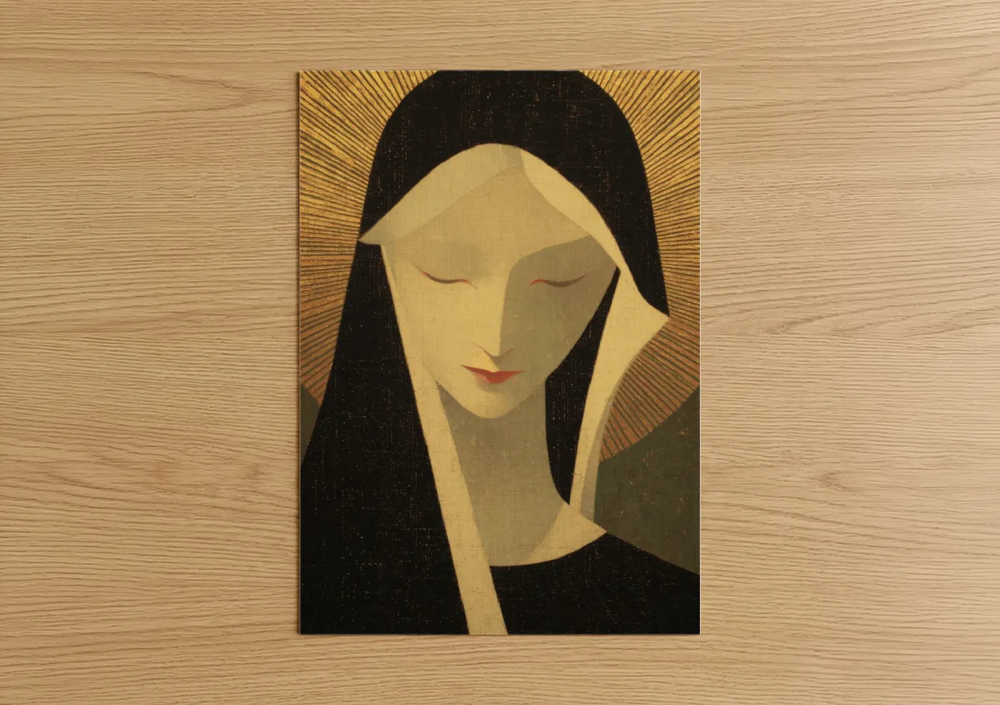 Virgin mary art print on warm oak wood — gold and black palette — Serene Madonna poster