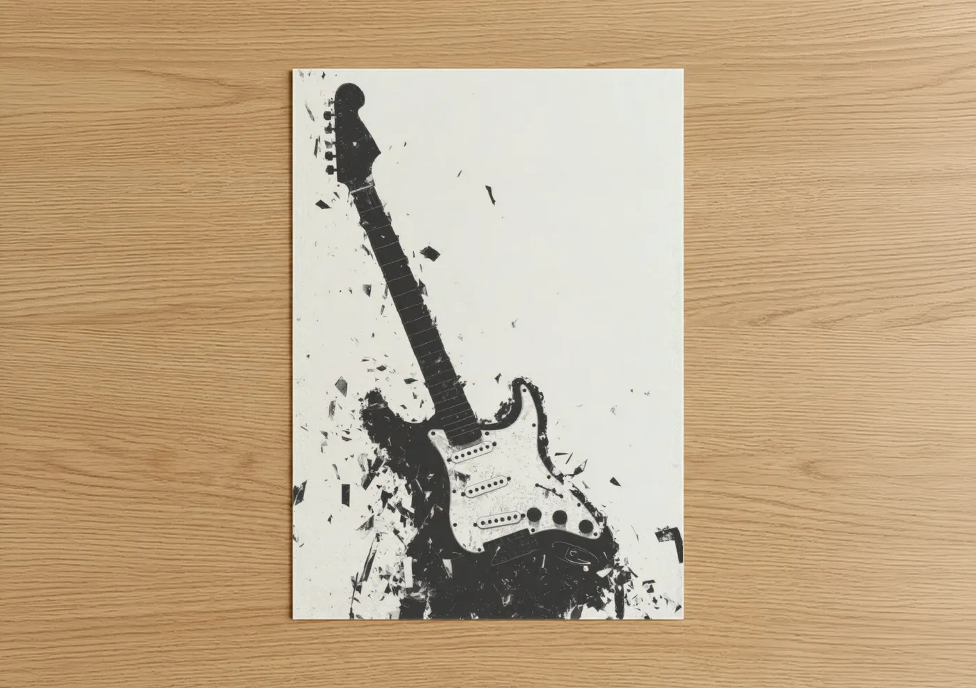 Electric guitar art print on warm oak wood — black and white palette — Shattered Stratocaster poster