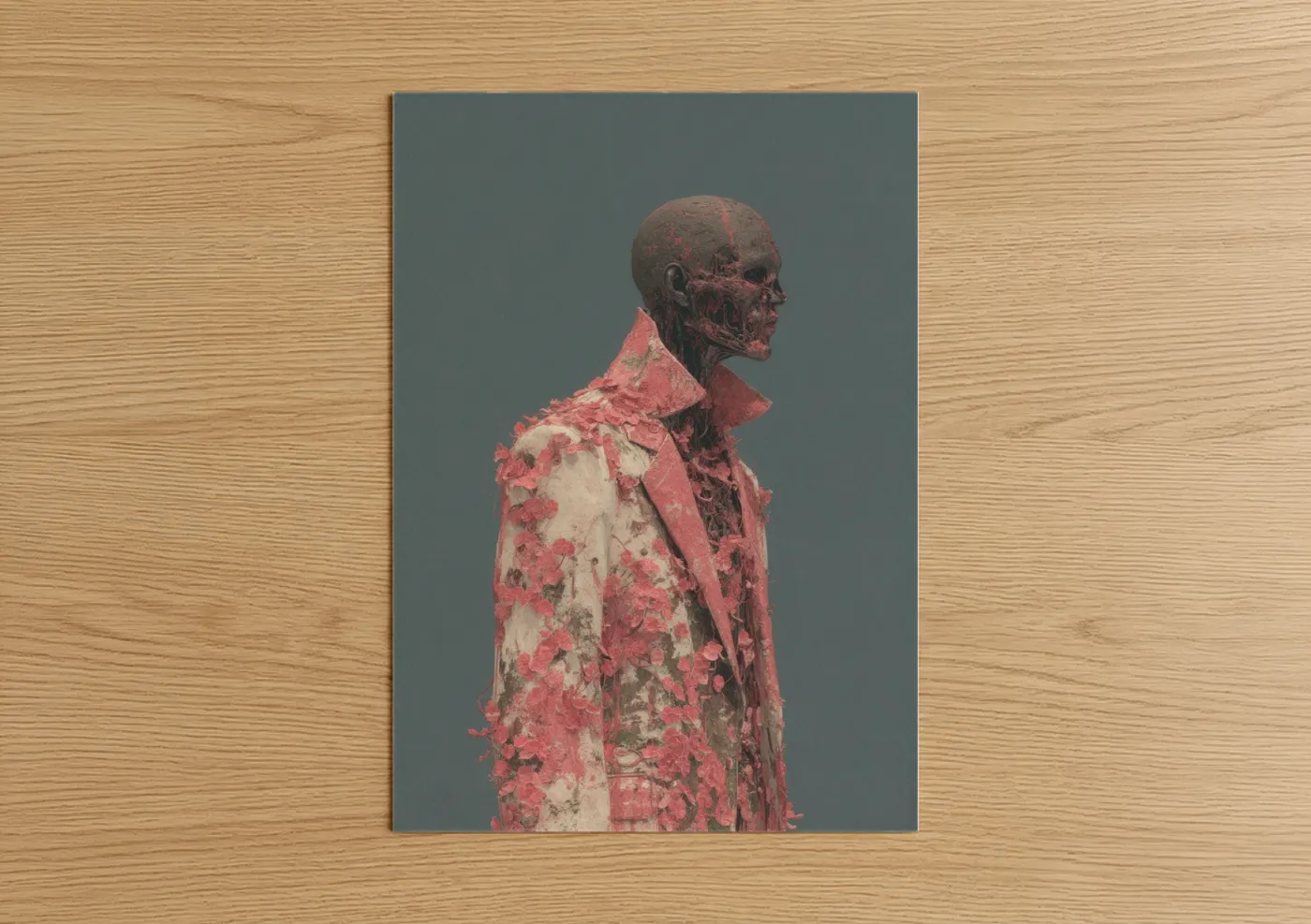 Zombie art print on warm oak wood — bermuda gray and salmon pink palette — Decaying Elegance poster