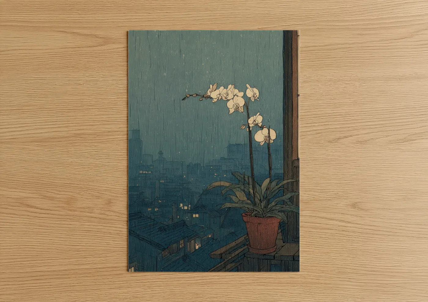 Art print on warm oak wood — teal and cream palette — Urban Orchid poster