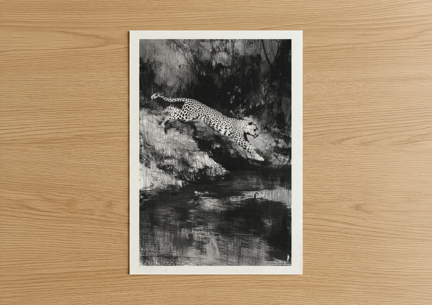 Art print on warm oak wood — black and white palette — Riverside Leopard poster