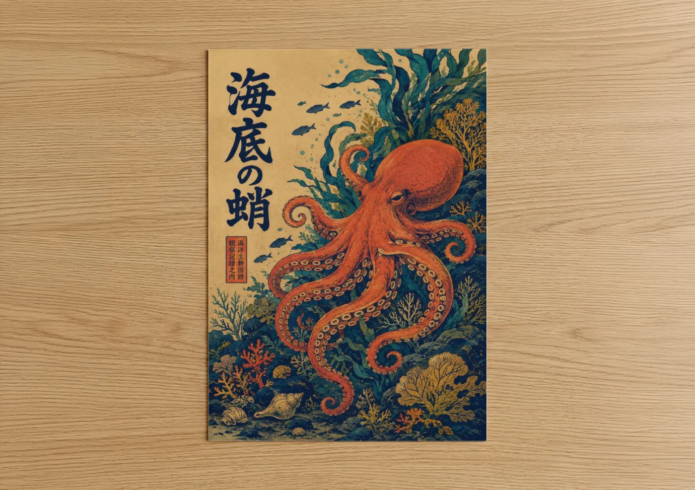 Art print on warm oak wood — orange and teal palette — Japanese Octopus Underwater Wall Art poster