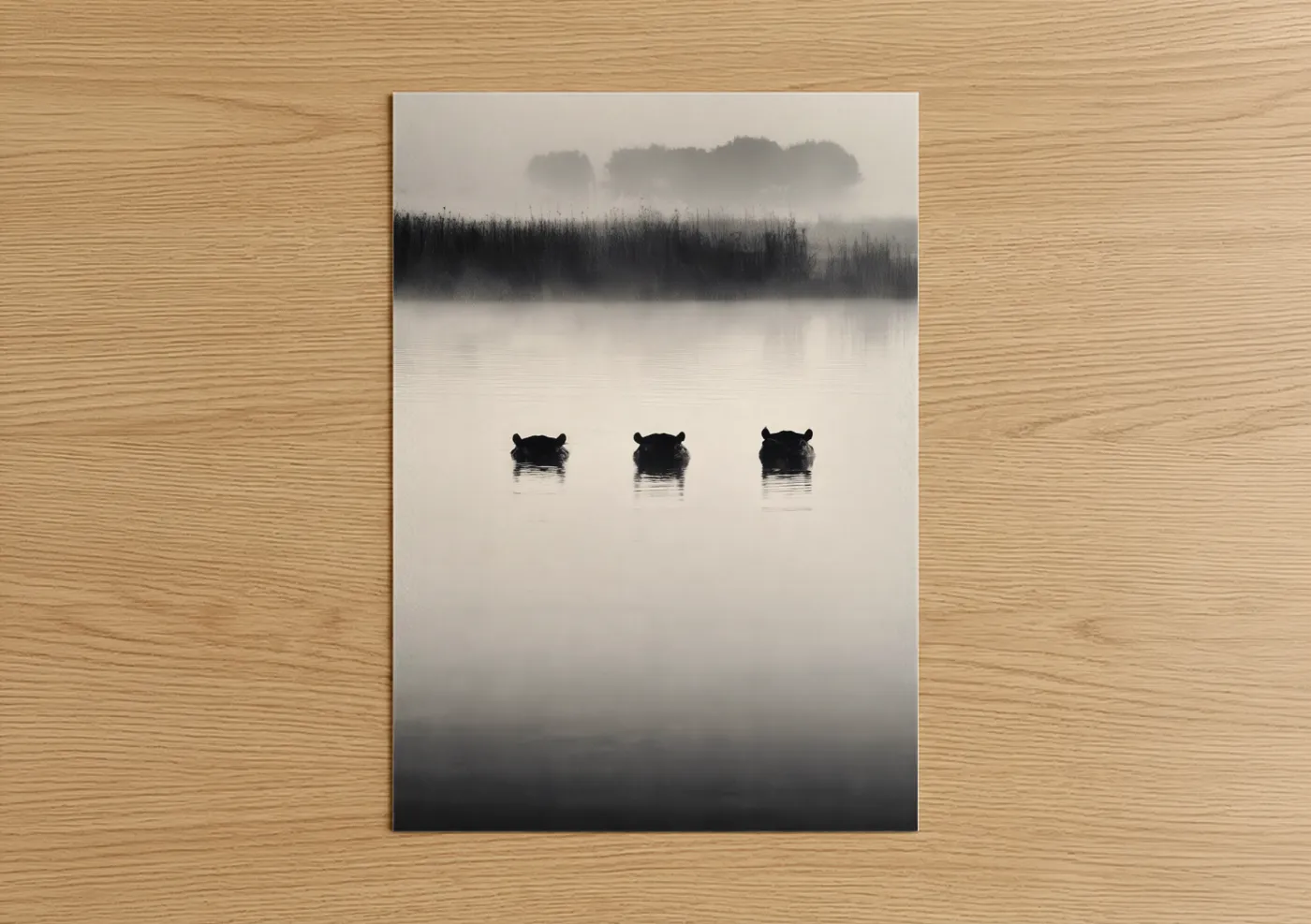 Hippo Family Misty Morning Wildlife Wall Art