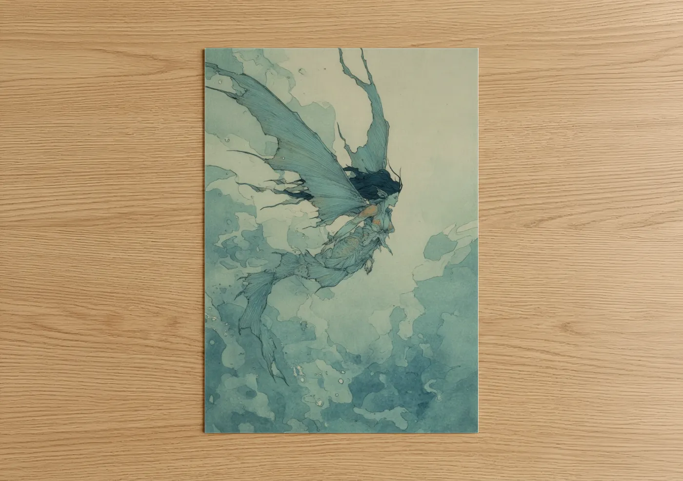Art print on warm oak wood — teal and cream palette — Ethereal Mermaid poster