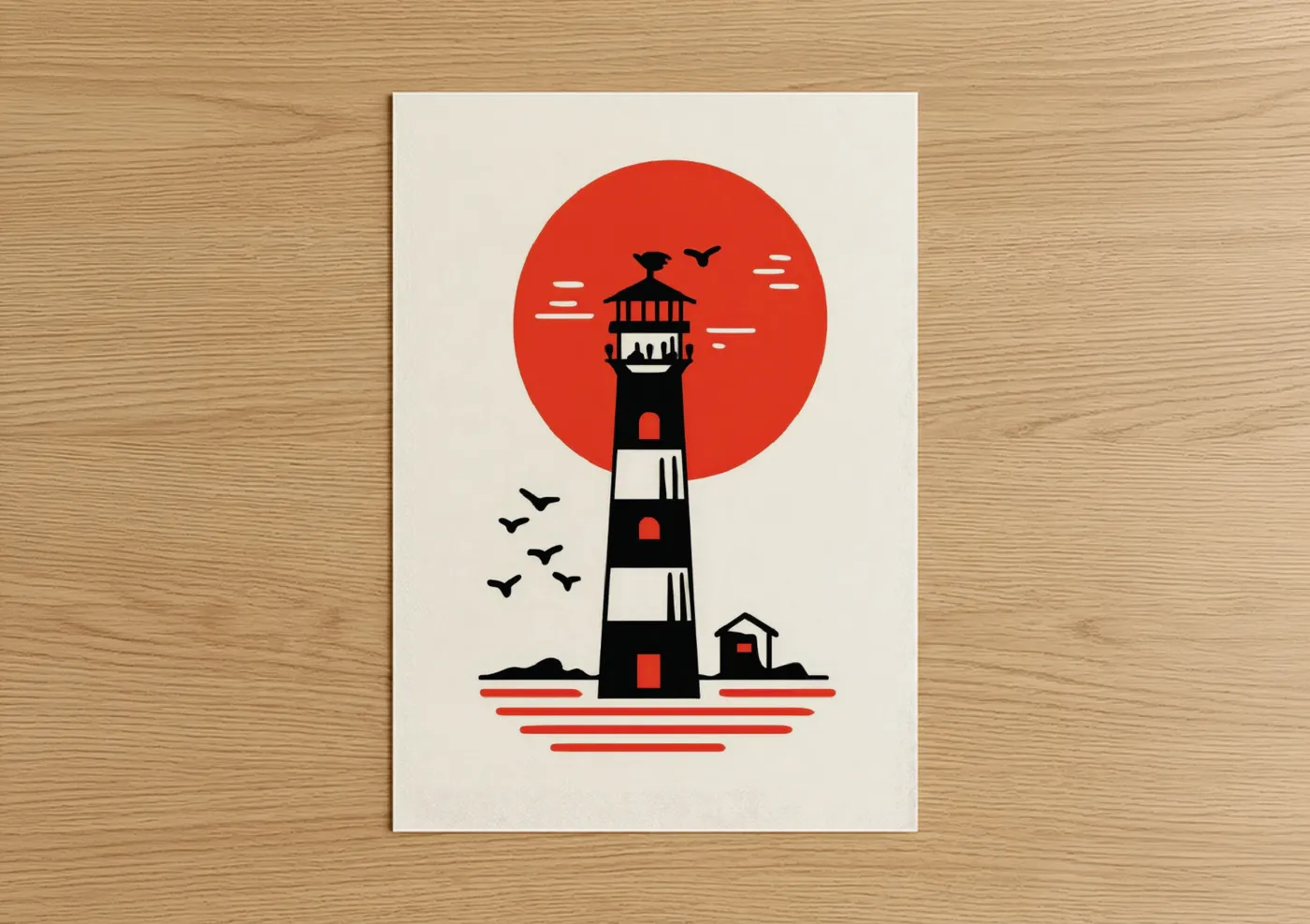 Art print on warm oak wood — red and black and white palette — Coastal Lighthouse Illustration poster