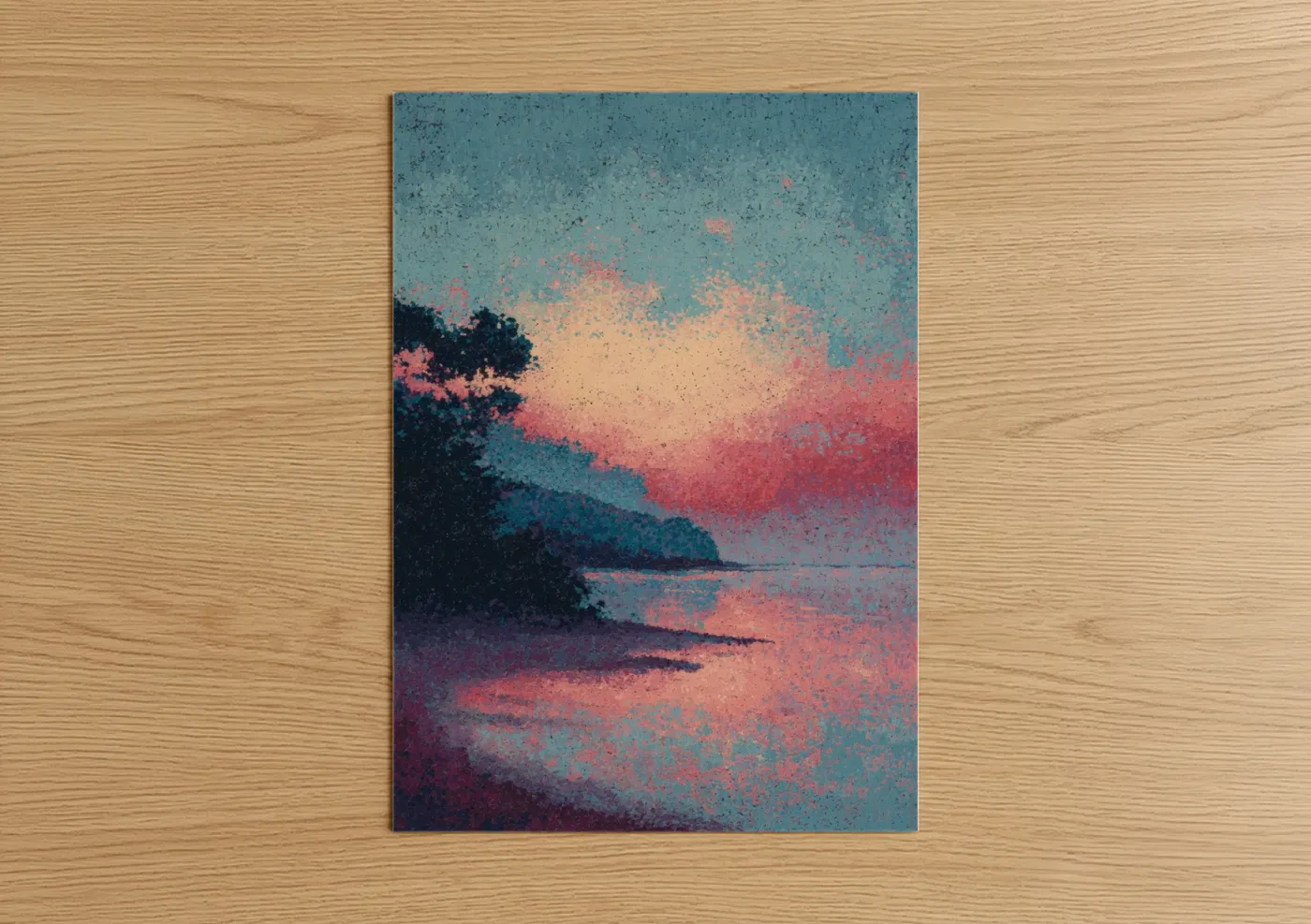 Sandy beach art print on warm oak wood — blue and salmon pink palette — Coastal Sunset Silhouette poster
