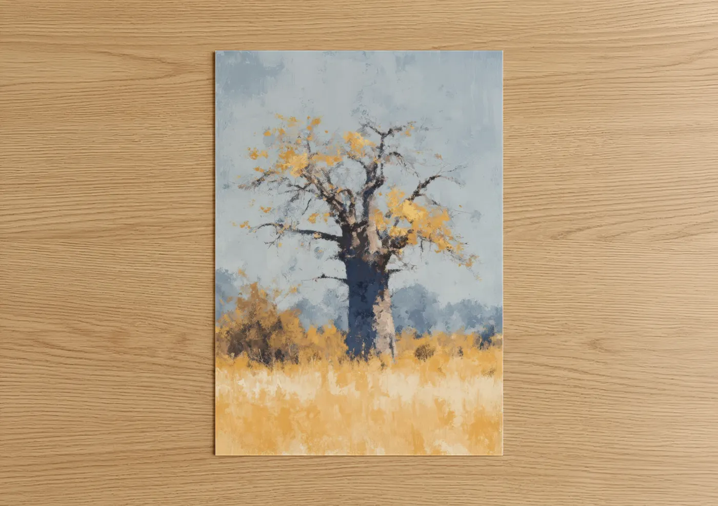 Baobab tree art print on warm oak wood — yellow gold and gray palette — Golden Baobab poster