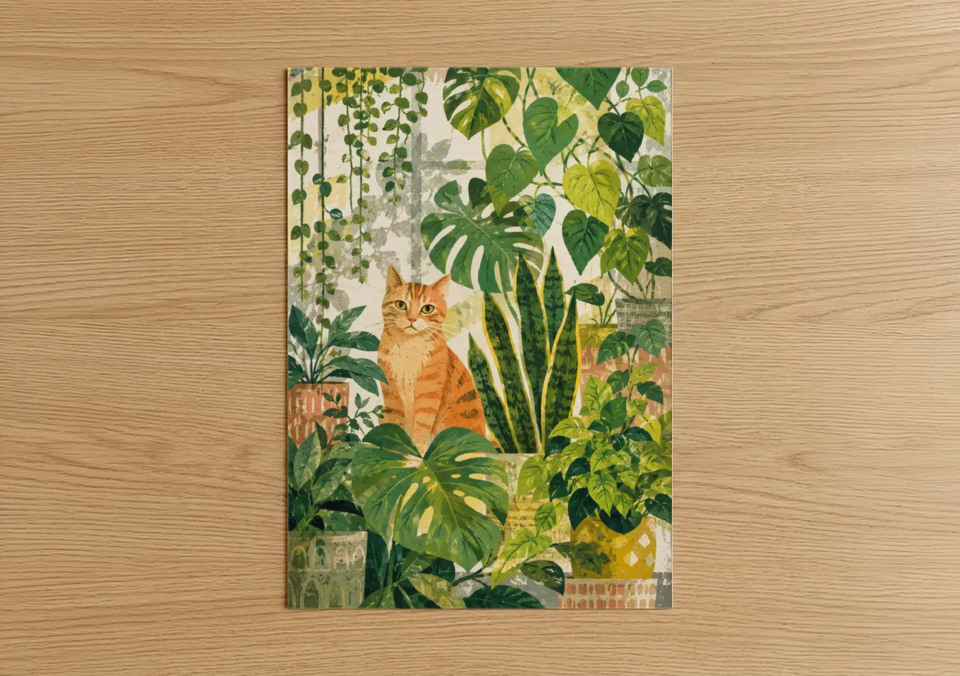 Art print on warm oak wood — green and yellow palette — Orange Cat In Tropical Garden Wall Art poster