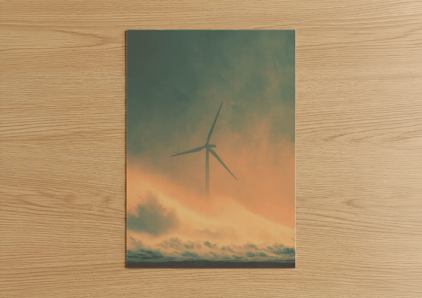 Wind turbine art print on warm oak wood — peach and dove gray palette — Misty Turbine Sunrise poster