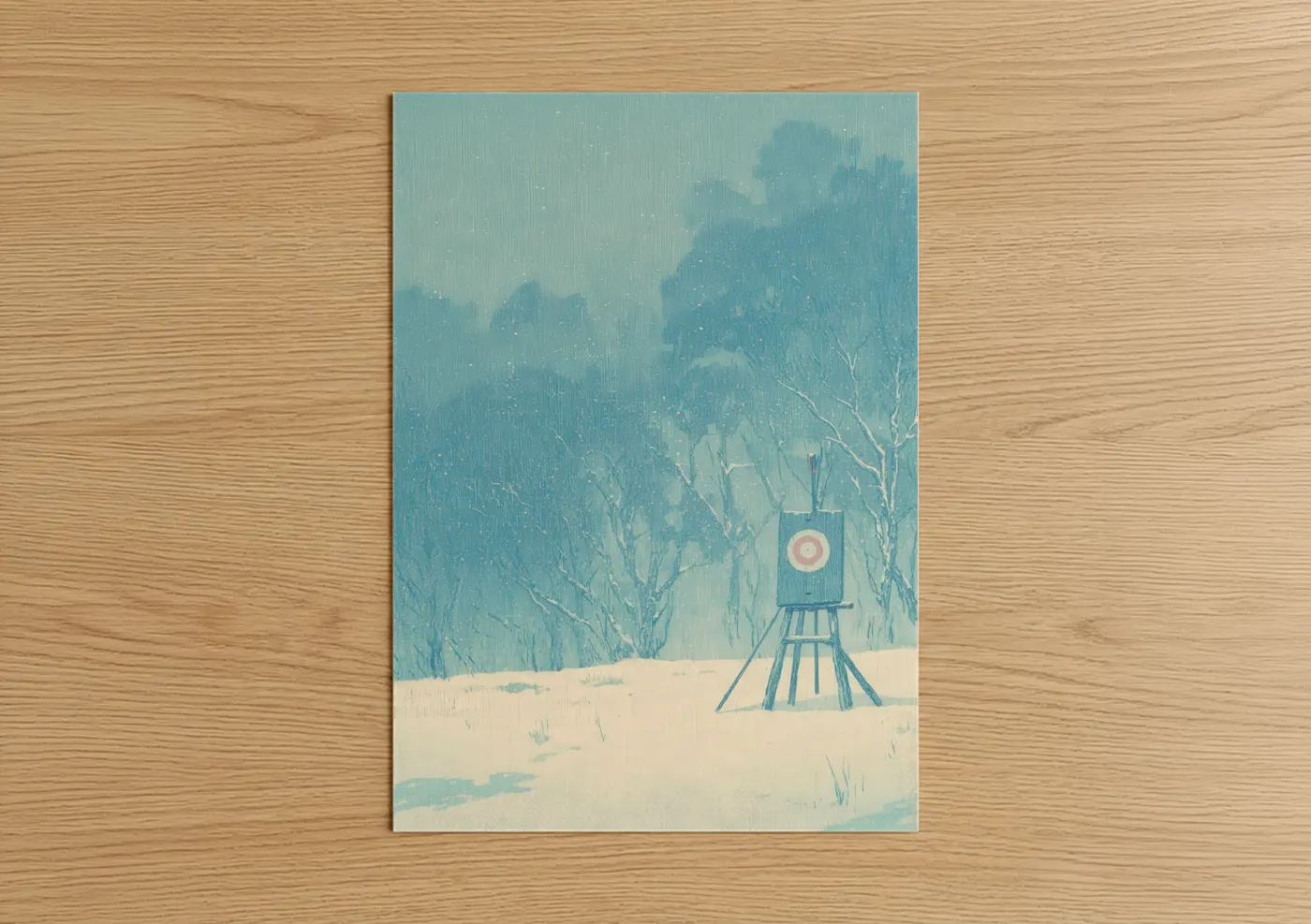 Art print on warm oak wood — blue and white and cream palette — Snowy Archery Target poster
