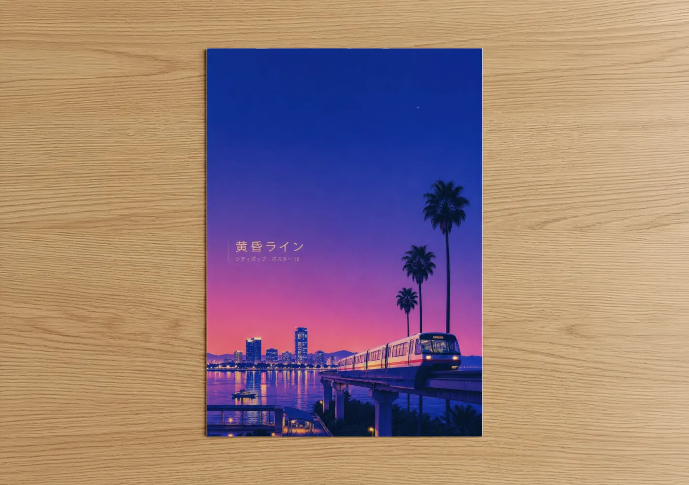 Art print on warm oak wood — blue and pink palette — Japanese Retrofuturism Sunset Train Wall Art poster