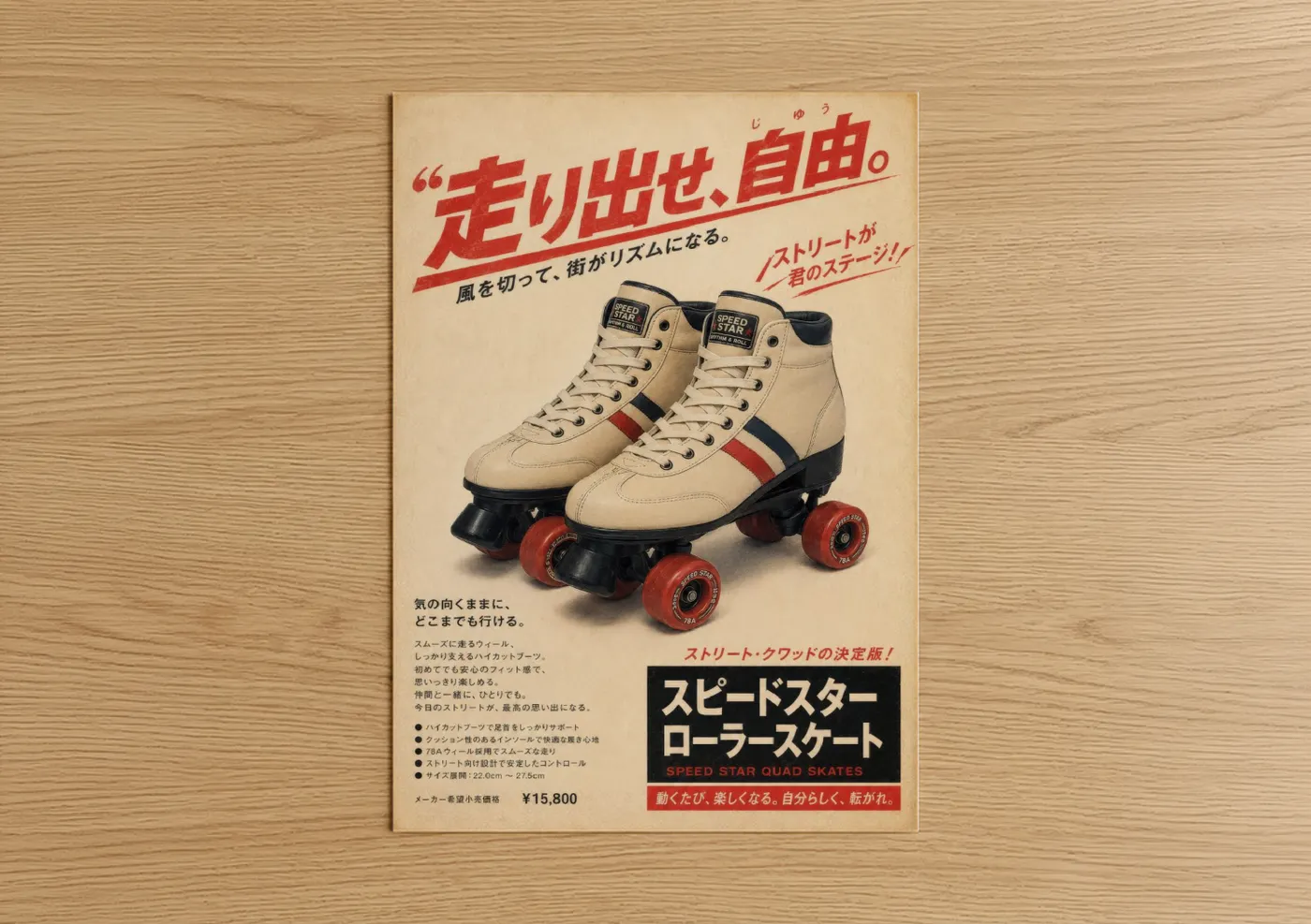 Roller skating art print on warm oak wood — red and cream palette — Retro Japanese Roller Skate Wall Art poster