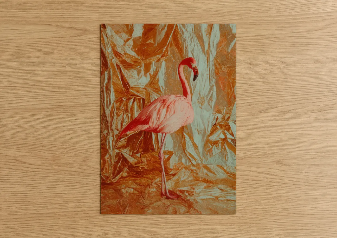 Art print on warm oak wood — peach and cream palette — Crimson Flamingo poster