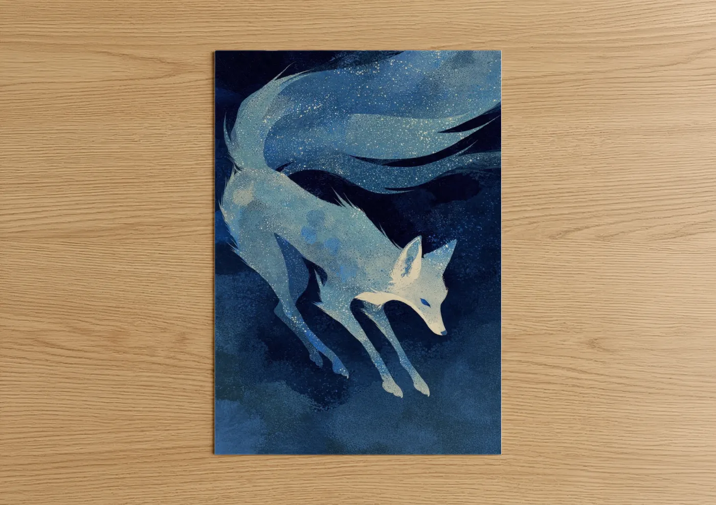 Art print on warm oak wood — blue and gold and white palette — Celestial Fox poster