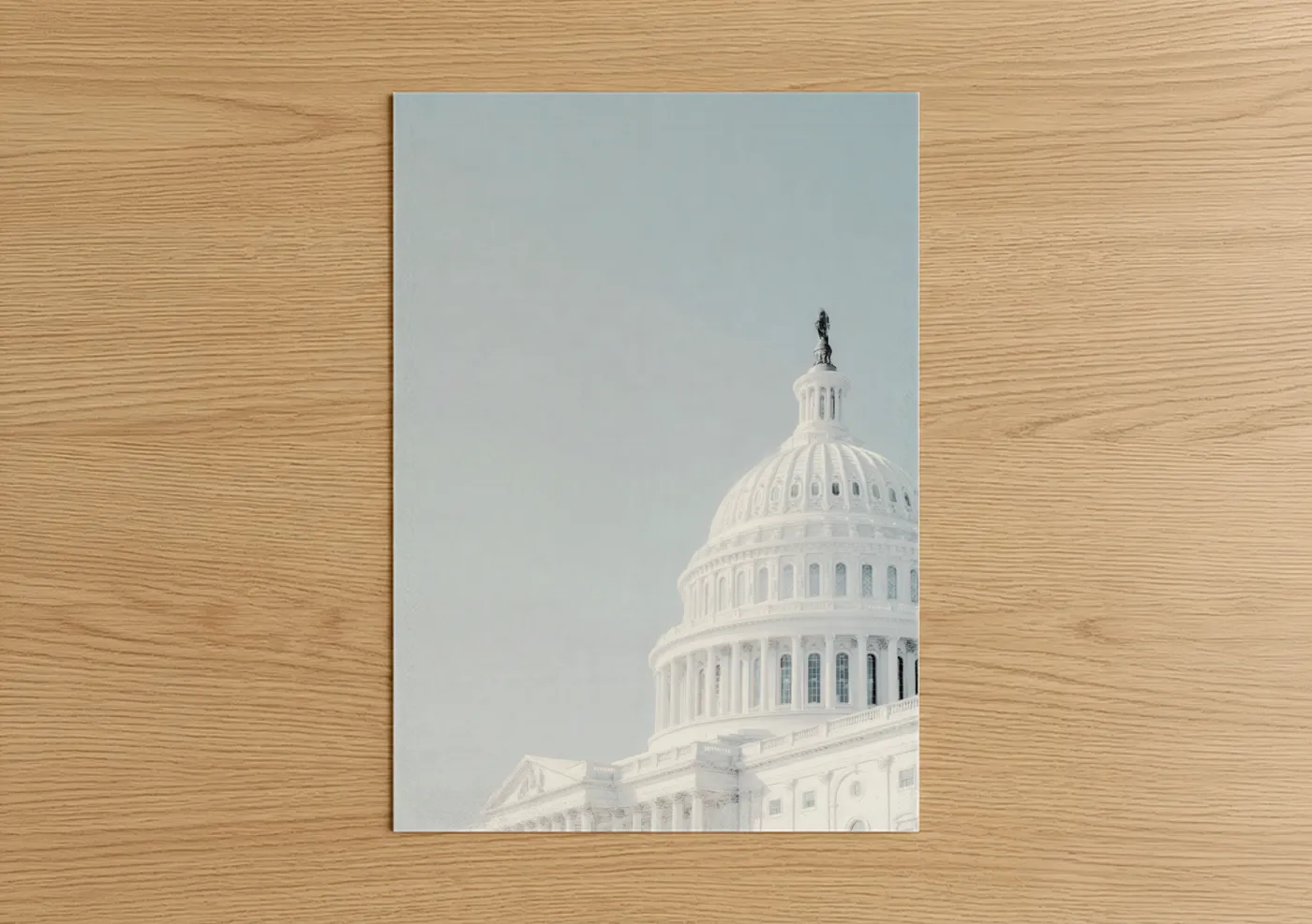 Us capitol art print on warm oak wood — white and gray and white palette — Capitol Dome Morning poster
