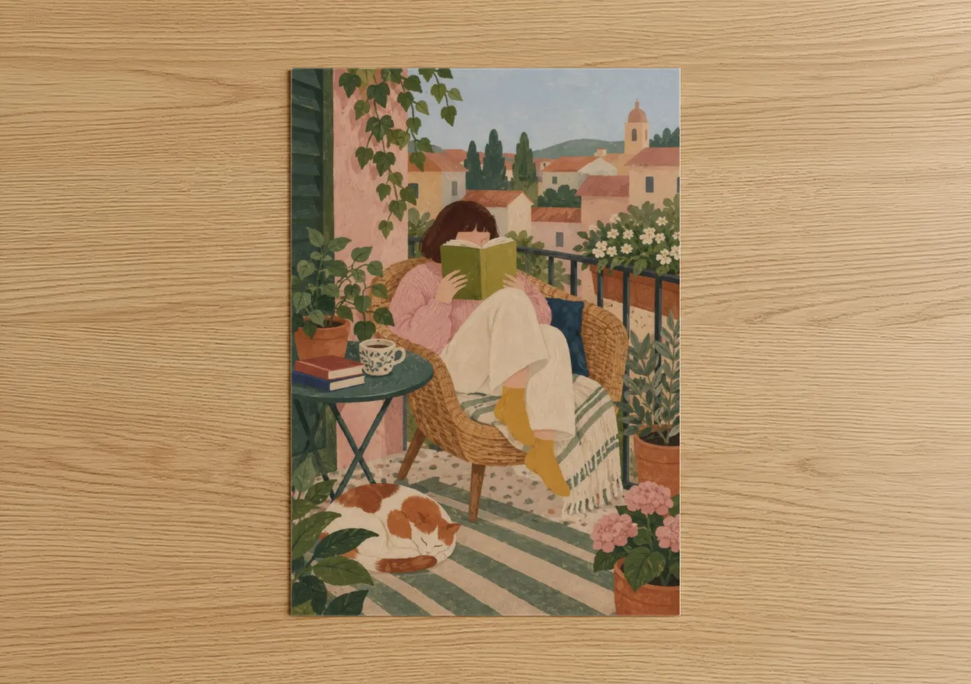Art print on warm oak wood — peach and cream palette — Mediterranean Balcony Reading Retreat Wall Art poster