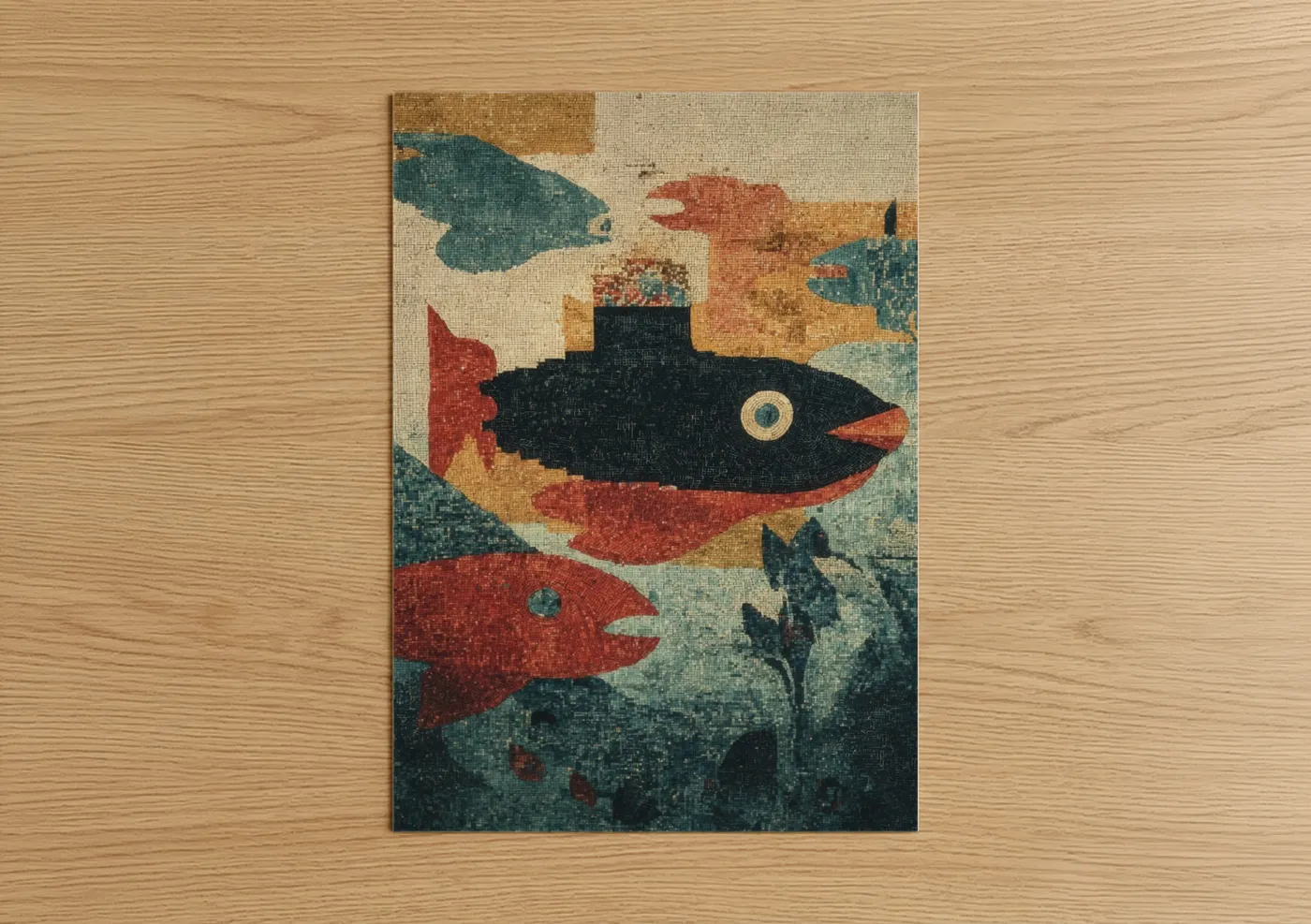 Art print on warm oak wood — teal and russet palette — Submarine Adventure poster